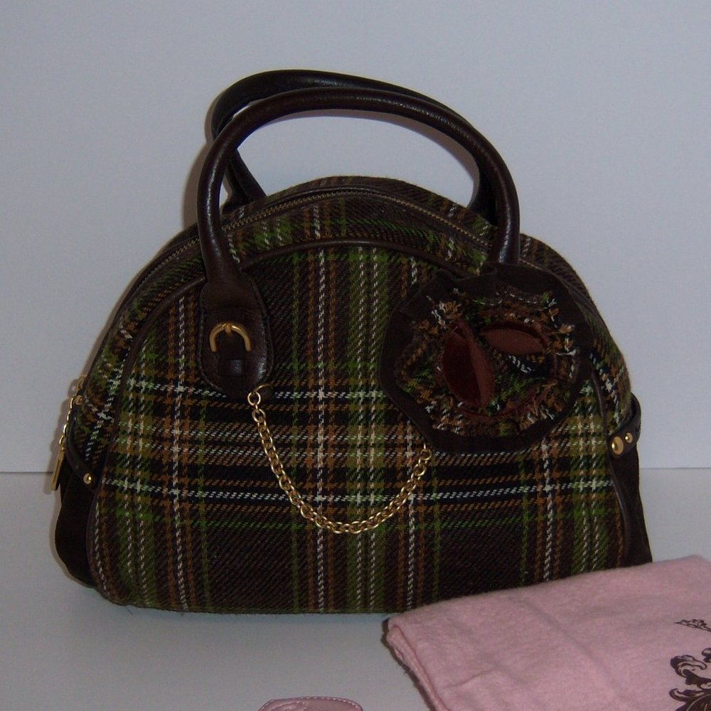 Vintage Juicy Couture Brown Green Tweed Plaid Wool Bowler Bag Y2K Academia